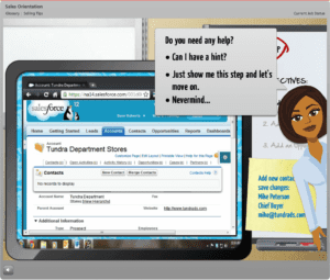 E-learning training to complete fields in a software application