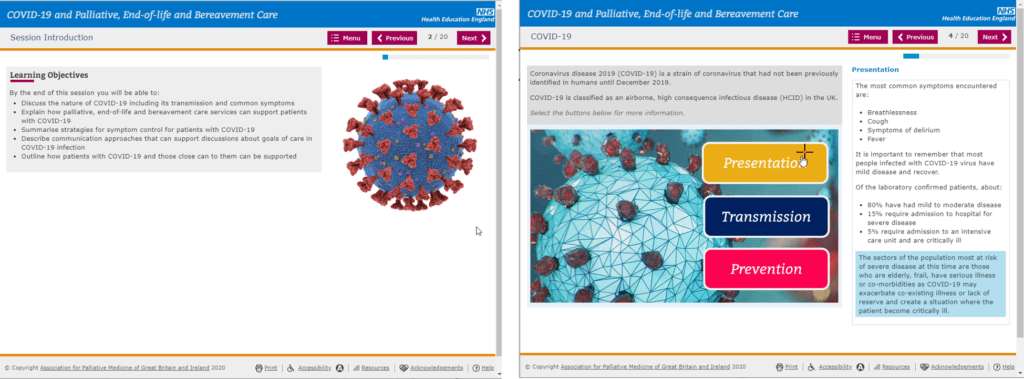 Screen shots from Covid-19 online learning from the NHS UK