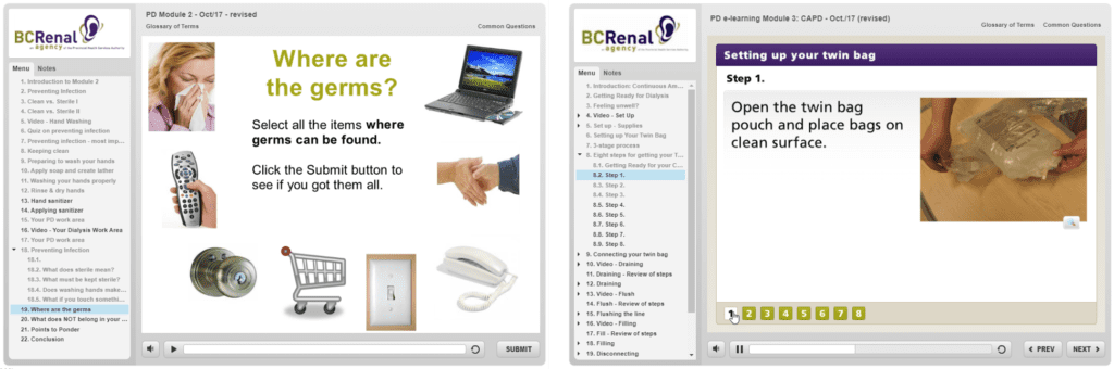 e-learning for health BC Renal Agency course screen shots