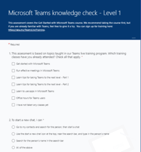 Image of a knowledge check in customer training for MS Teams