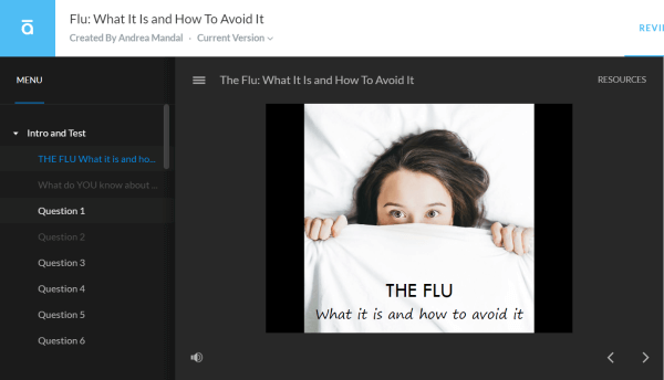 Screen shot of lady behind a blanket with the Flu for an Articulate Storyline course on the flu