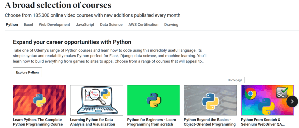 Screenshot from Udemy one of many e-learning companies